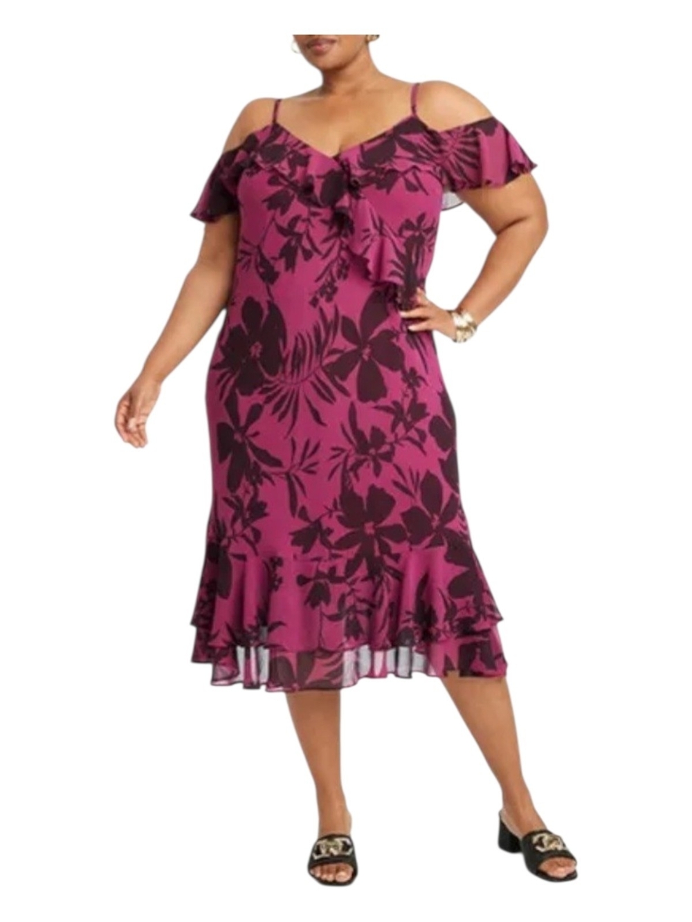 Ava & Viv. Plus Size Fuchsia Floral Cold-Shoulder Ruffle Dress. Size 3X. NWT.